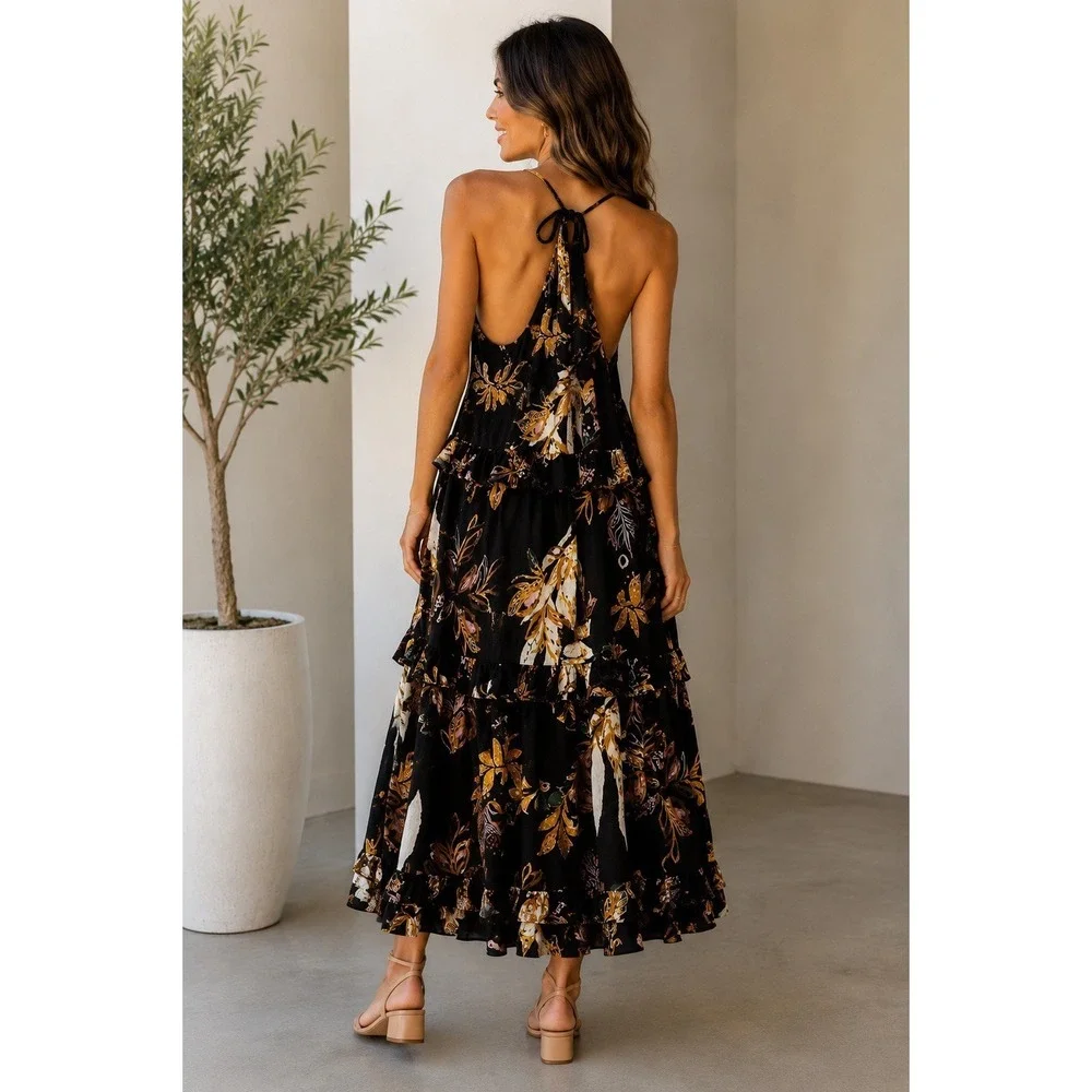 Free People Black Floral Tiered Halter Midi Dress Boho‎ Ruffle Size XS